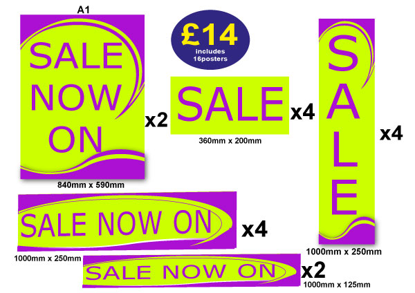 Lime Green and Purple poster pack includes 16 | sale value packs;Purple and green sale range - Sale Posters & Signs