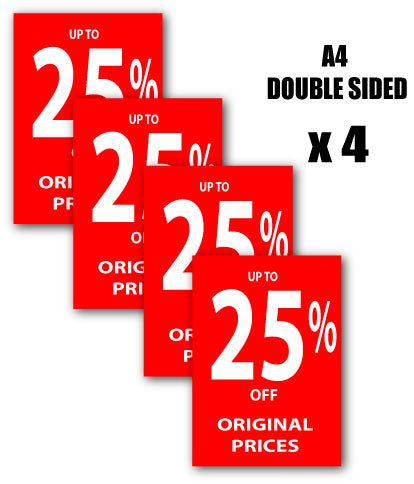 25%off Red A4 posters X 4 D/S | Closing Down;% Off Signage;25%off - Sale Posters & Signs