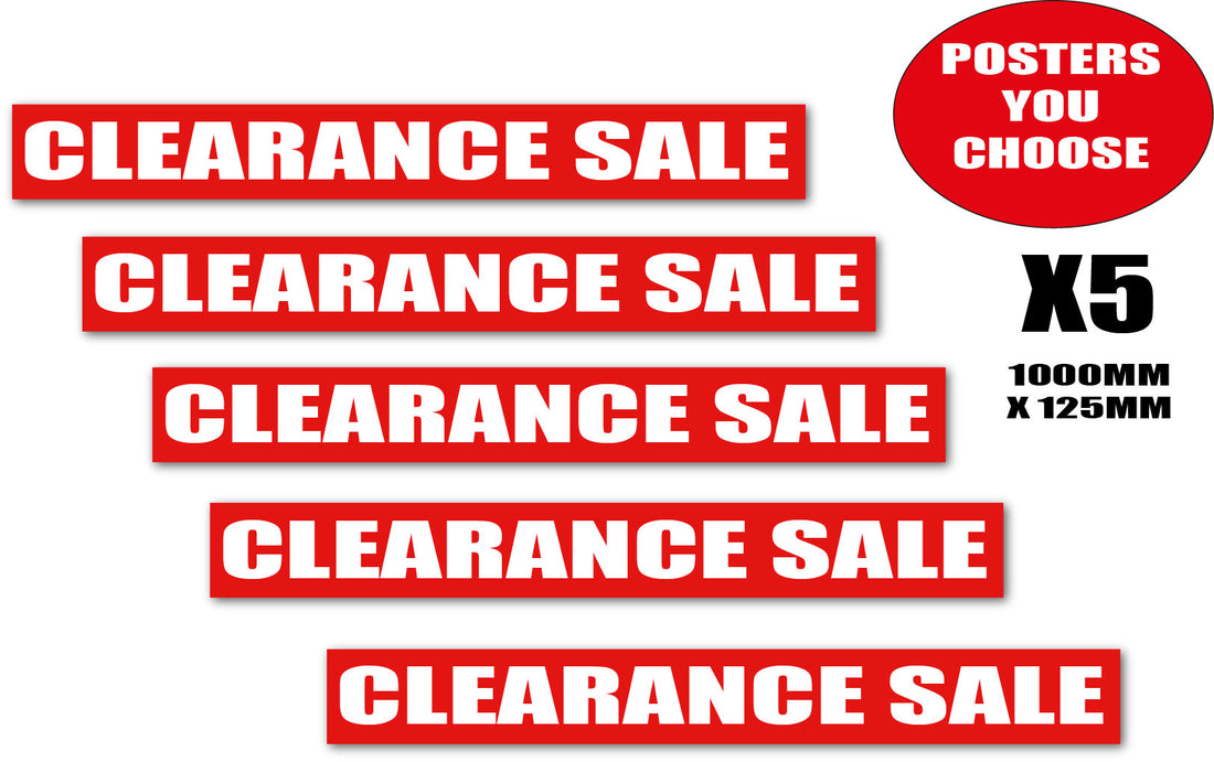 Clearance sale posters pack 1000mm x 125mm(5) | sale signage red;Closing Down - Sale Posters & Signs