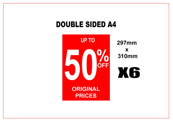 upto 50%off A4 posters D/S x 6 | sale signage red;rail cards;50%off;A4 Posters;sale posters red Impact - Sale Posters & Signs