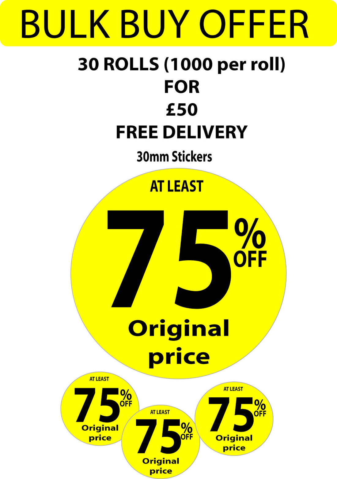 Bulk buy Yellow Upto 75%stickers 30MM | special Offers;Clearance;Sale Stickers - Sale Posters & Signs