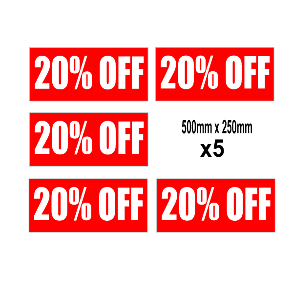 20%off Red 500mm x 250mm(5) posters | sale signage red - Sale Posters & Signs