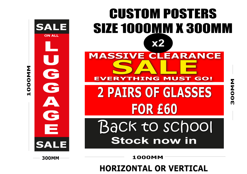 Custom 1000mm x 300mm Poster print X2 | sale signage red;Other Posters;Bespoke posters - Sale Posters & Signs