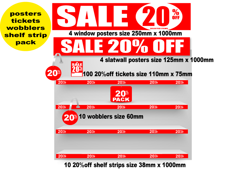 sale 20%0ff poster, shelf strips plus pack | 20%off;sale value packs - Sale Posters & Signs
