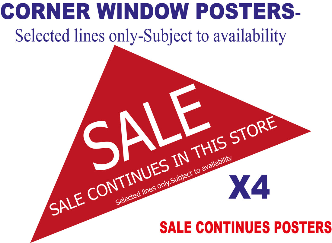Sale Continues corner posters x 4 | other Signage;yellow and red posters;sale signage red;Classic Sale Red Range;Sale posters New;special Offers;Other Posters - Sale Posters & Signs