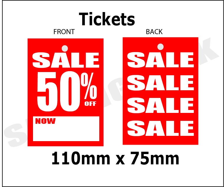Sale 50% off Now tickets 4.5" x3"per 100 | sale tickets;% Off Signage;50%off - Sale Posters & Signs