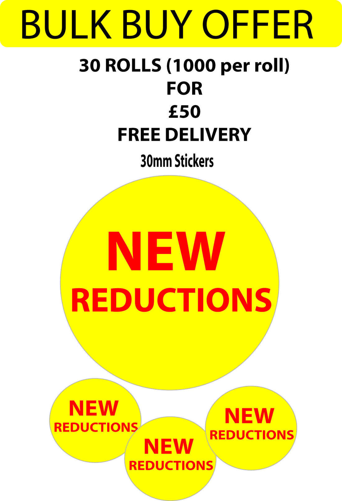 Bulk buy Yellow New reductions stickers 30MM | special Offers;Clearance;Sale Stickers - Sale Posters & Signs