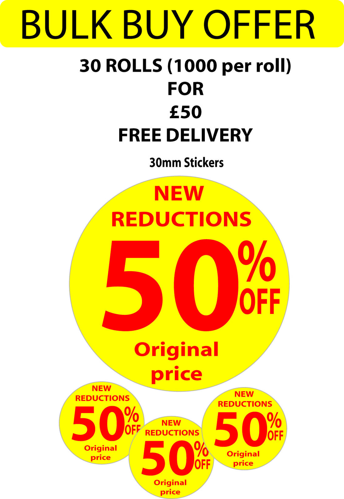 Bulk buy Yellow New reduction 50%stickers 30MM | special Offers - Sale Posters & Signs