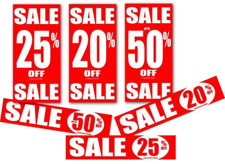A set of red and white sale signs with different discount percentages including 25%, 20%, and 50% off, arranged on a plain white background.