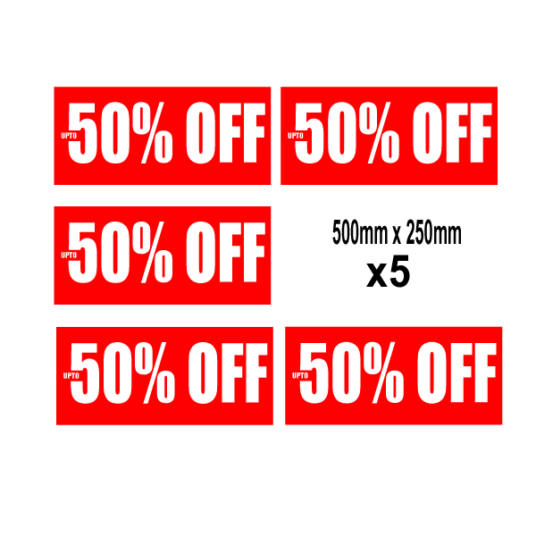 upto50%off Red 500mm x 250mm posters(5) | Closing Down;% Off Signage;50%off - Sale Posters & Signs