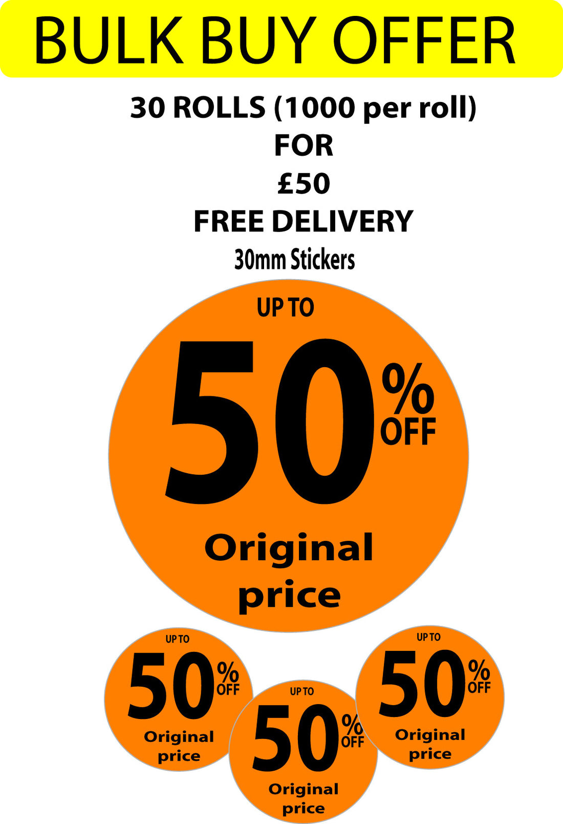 Bulk buy Orange Upto 50% stickers 30MM | special Offers;Clearance - Sale Posters & Signs