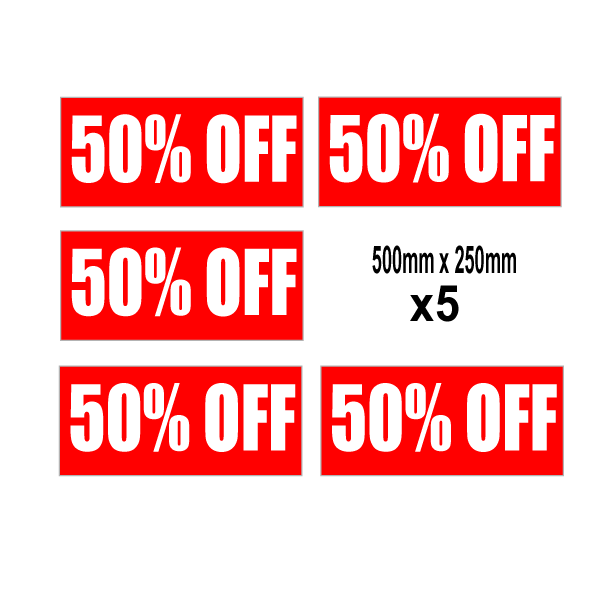 50%off Red 500mm x 250mm posters(5) | Closing Down;% Off Signage;50%off - Sale Posters & Signs