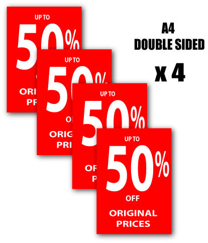 upto 50%off Red A4 posters X 4 D/S | Closing Down;% Off Signage;50%off - Sale Posters & Signs