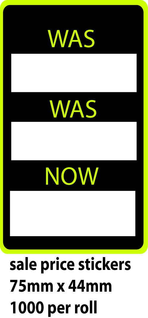 Green Was Was Now Red Stckers 1000 per roll | Purple and green sale range;Sale Stickers - Sale Posters & Signs