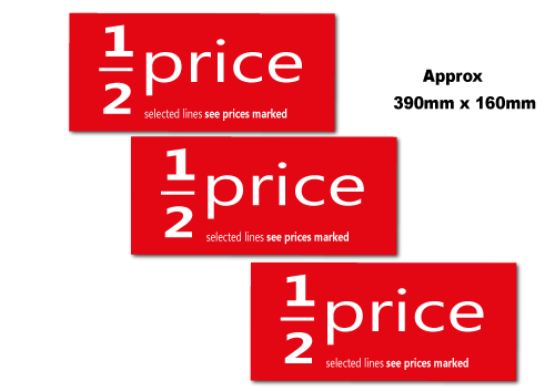Half Price display Cards 360mm x 160mm (10) | Half price;rail cards;50%off;Clearance - Sale Posters & Signs