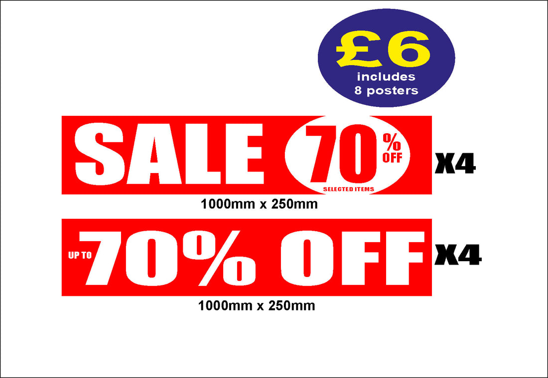 Upto 70%off Red X 8 Posters1000mm x 250mm | sale signage red;Closing Down;% Off Signage;70%off - Sale Posters & Signs